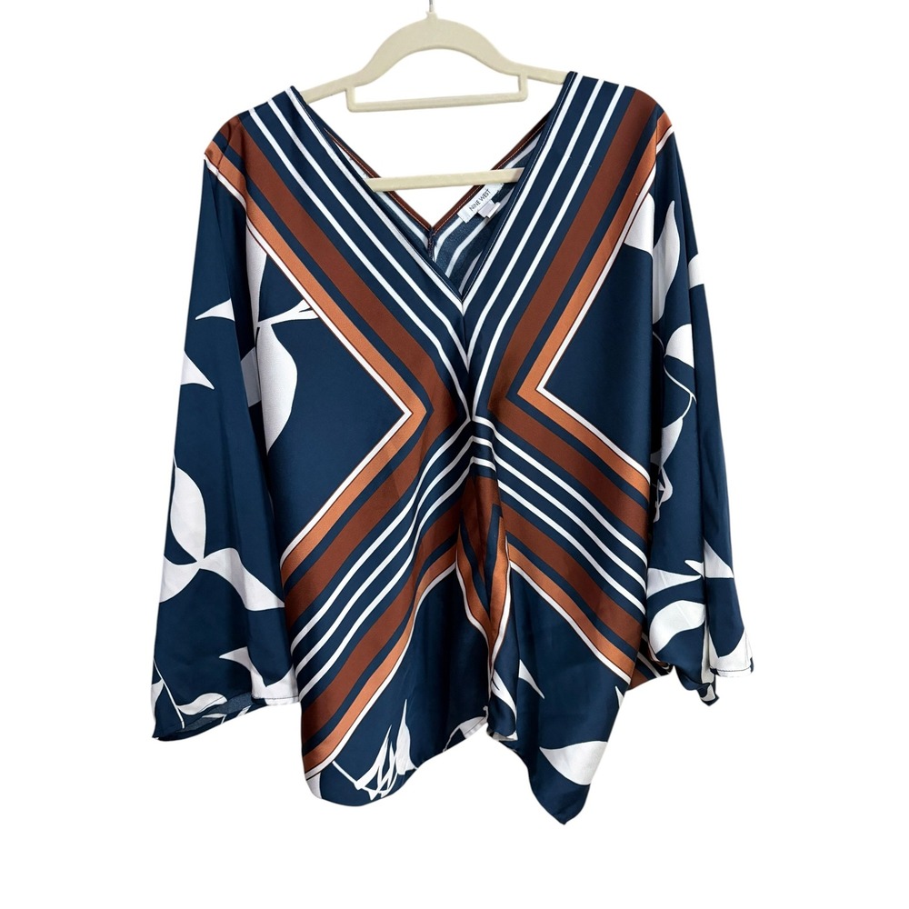 Nine West Womens Large Navy Blue Rust Geometric V-Neck Kimono Sleeve Blouse